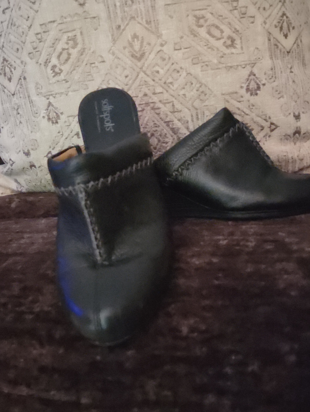 Softspots Black Leather Slip-On Mule with Stitch Trim